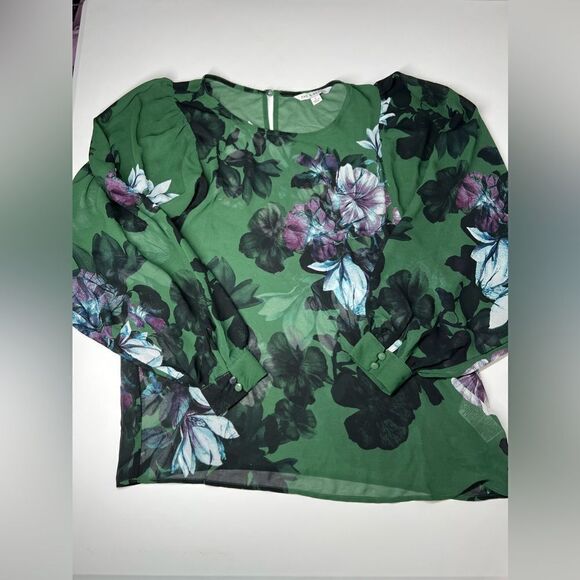 Zac and Rachel Bohemian Green Purple Blue Floral Sheer Top Size S Cuffed sleeve - Picture 4 of 14